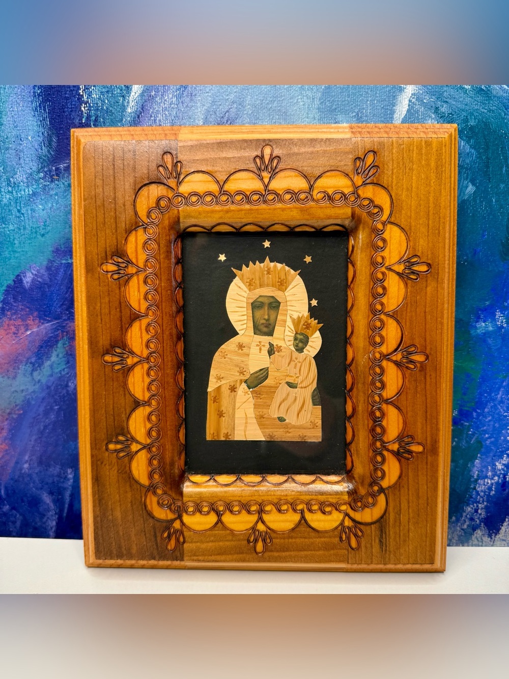 Black Madonna of Czestochowa Vintage Framed Polish Straw Icon Religious Art